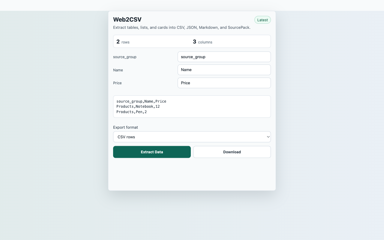 Web2CSV popup screenshot showing the shipped extension UI